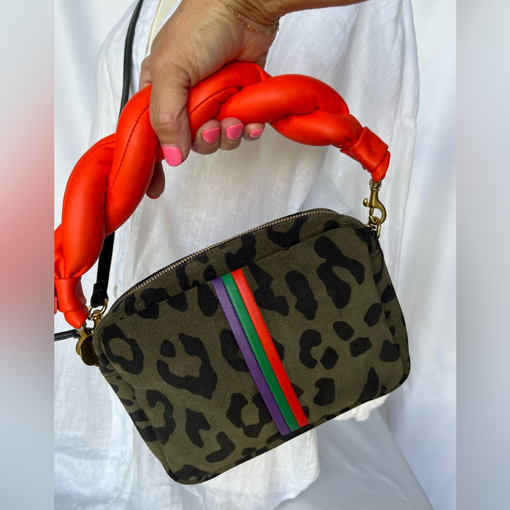 Clare V Midi Sac Army Pablo Cat Suede w/Mini Stripes + Poppy Puffer Strap Handle